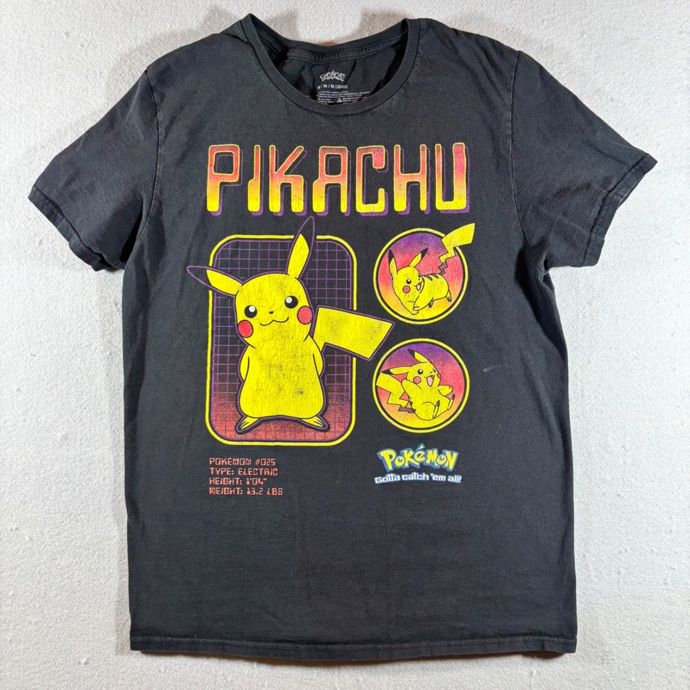 Pokemon Pikachu Graphic T-Shirt Black Size Medium Retro Pokedex Stats Cotton